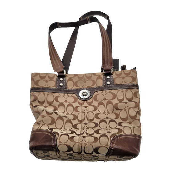 Coach F13973 Signature Canvas Tote Purse Brown Leather Trim Shoulder Bag Handbag - Picture 1 of 15
